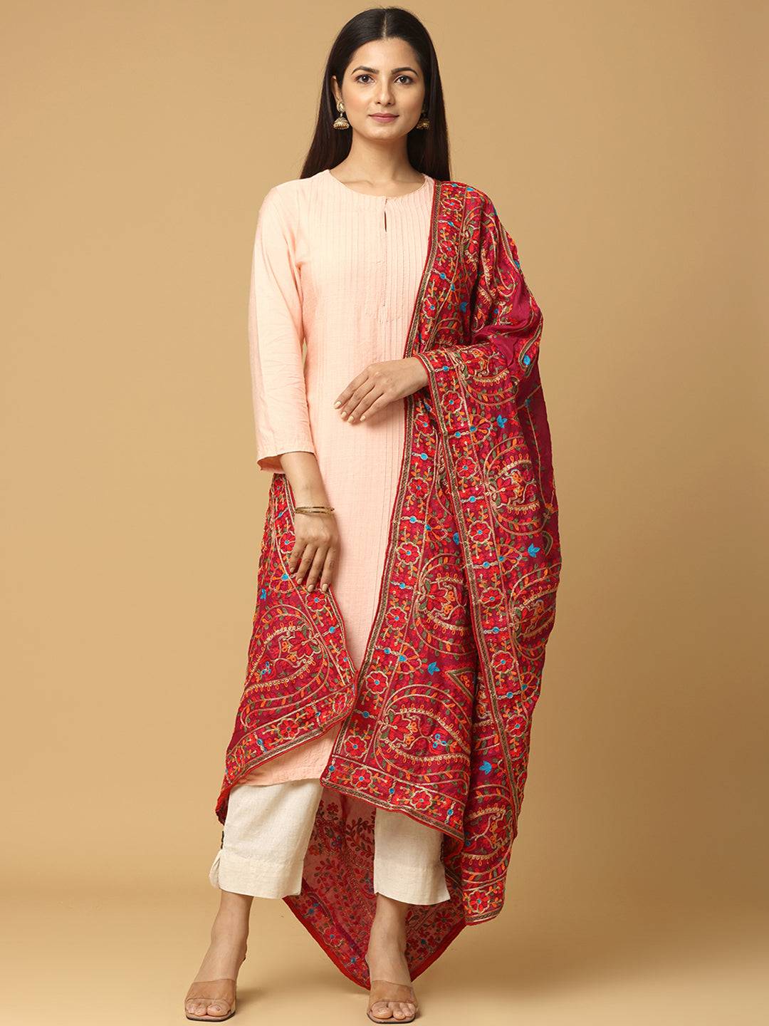 Front view of wine poly chiffon pashmina dupatta with embroidery