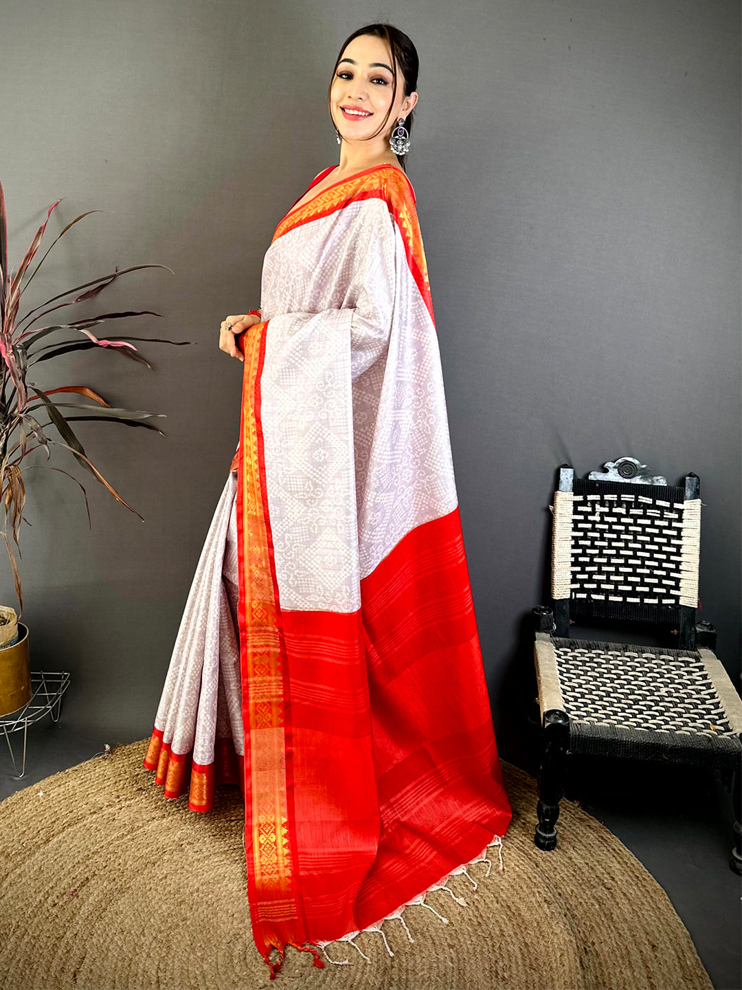 Grey Colour Soft Silk Bandhej Print Saree