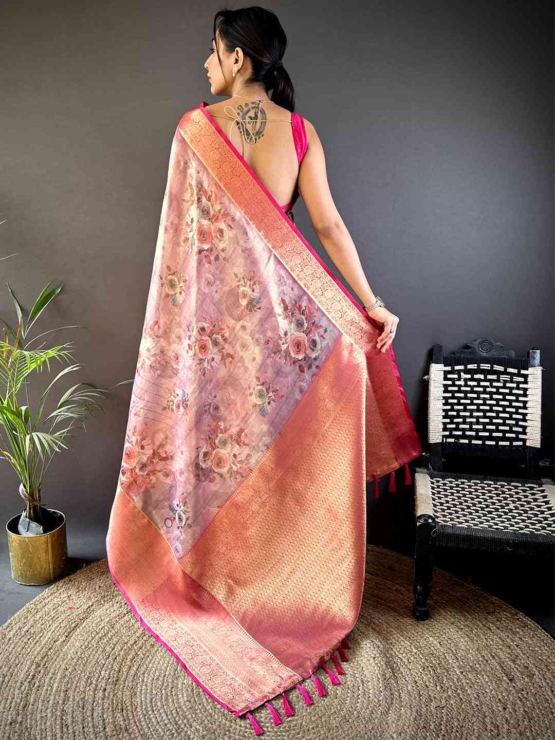 Purple Floral Gold Zari Tissue Saree