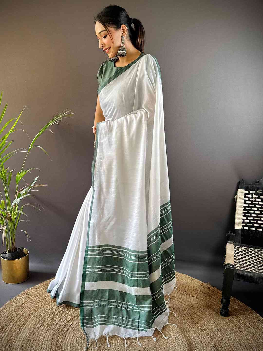 Bhagalpuri Linen Saree With Green Colour Small Patti