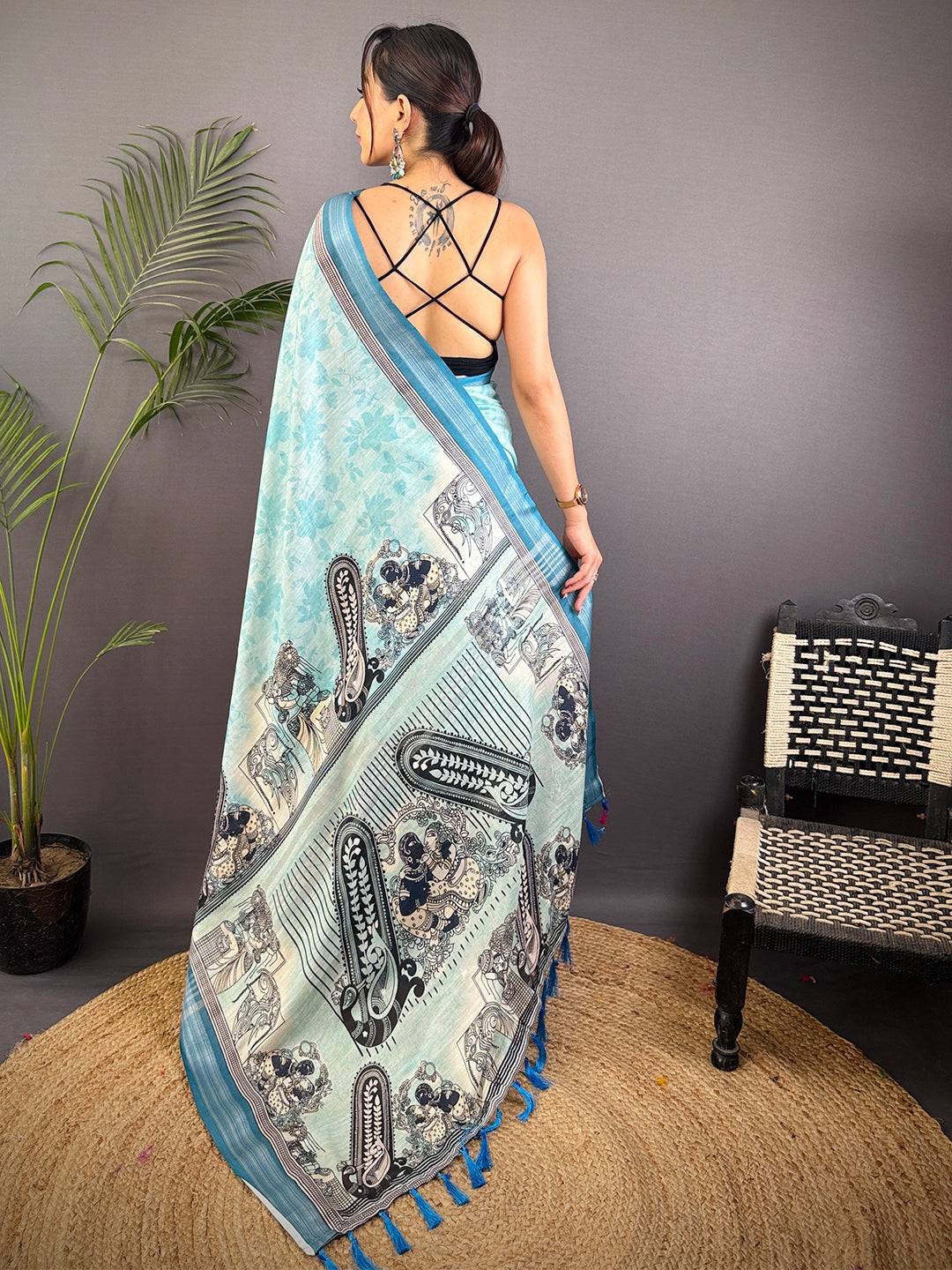 Sky Blue Linen Kalamkari Printed Saree