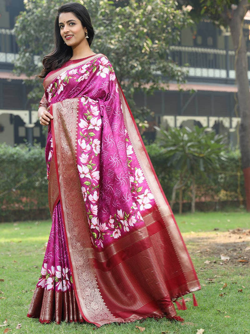 Magenta Viscose Dola Silk Saree With Floral Print Border - Luxe