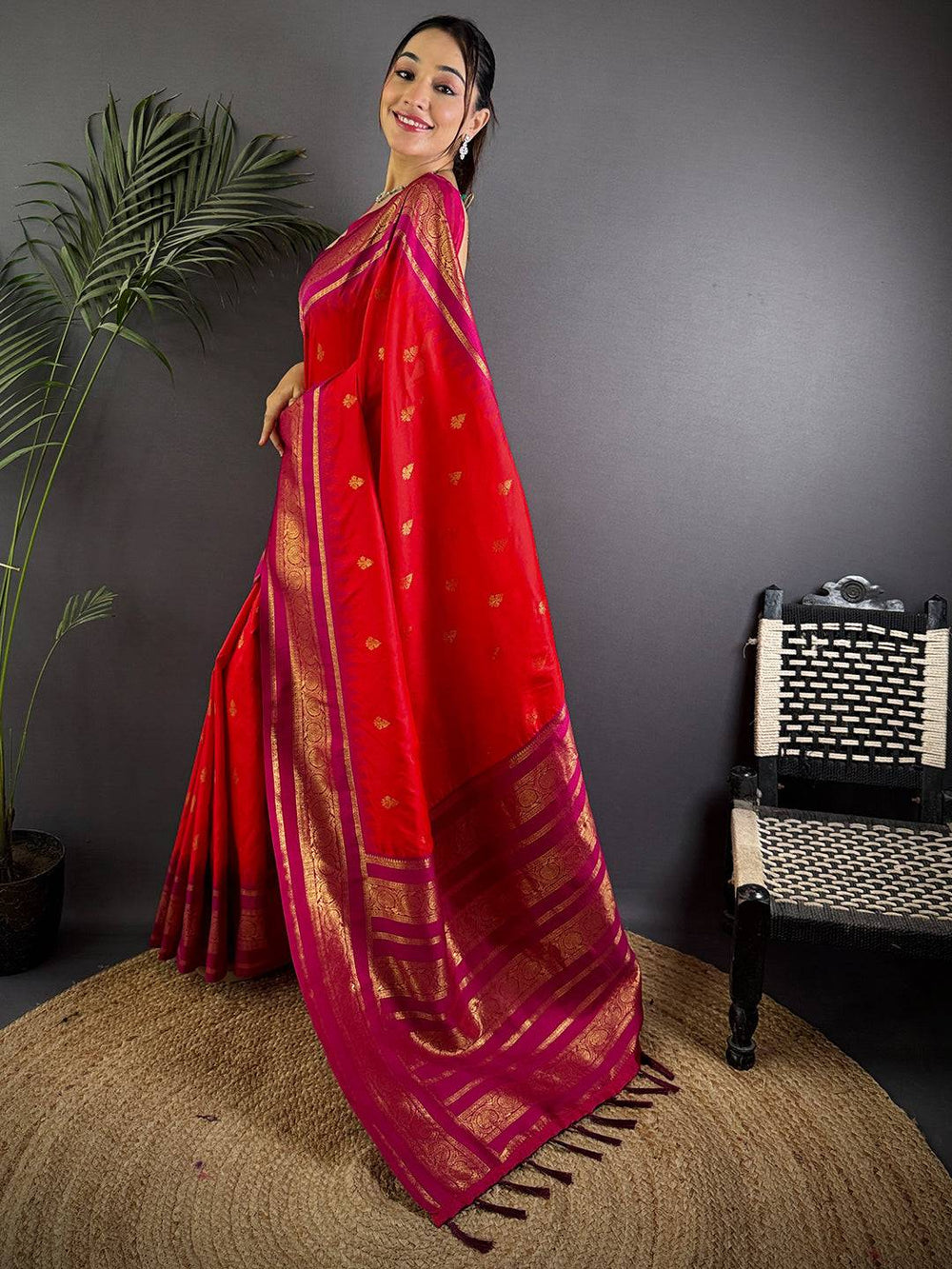 Rose Red Gadwal Border Soft Silk Saree