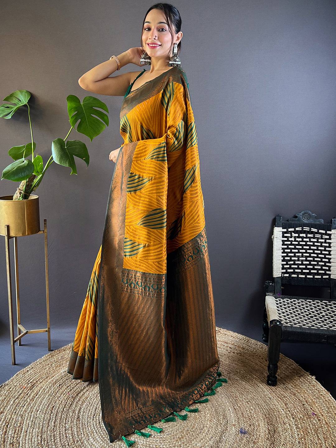 Traditional Mustard Tussar Silk Ikkat Saree Design