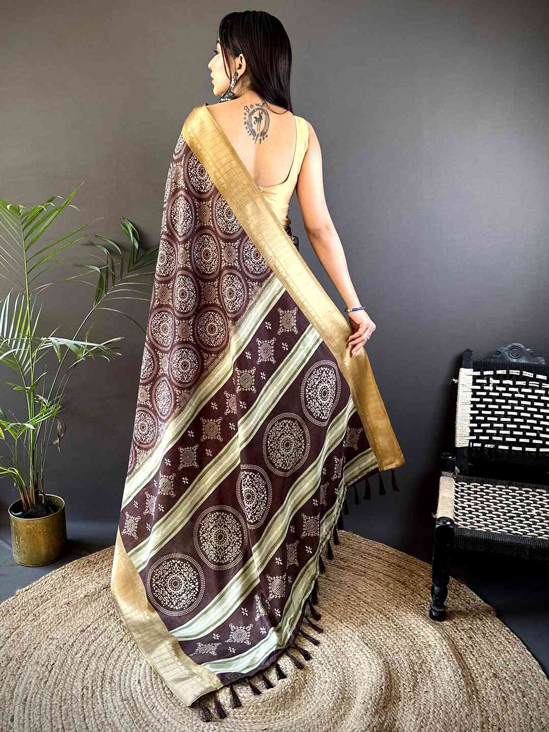 Brown Soft Manipuri Silk Bandhej Saree