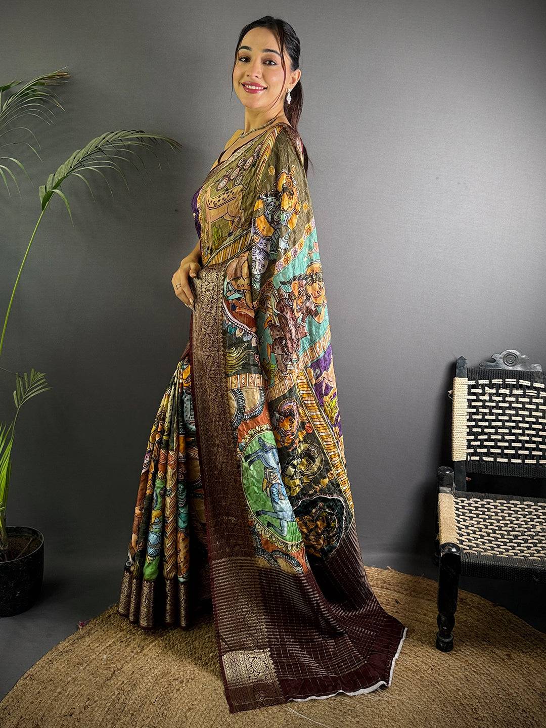 Multi Pure Viscose Kalalmkari Printed Saree
