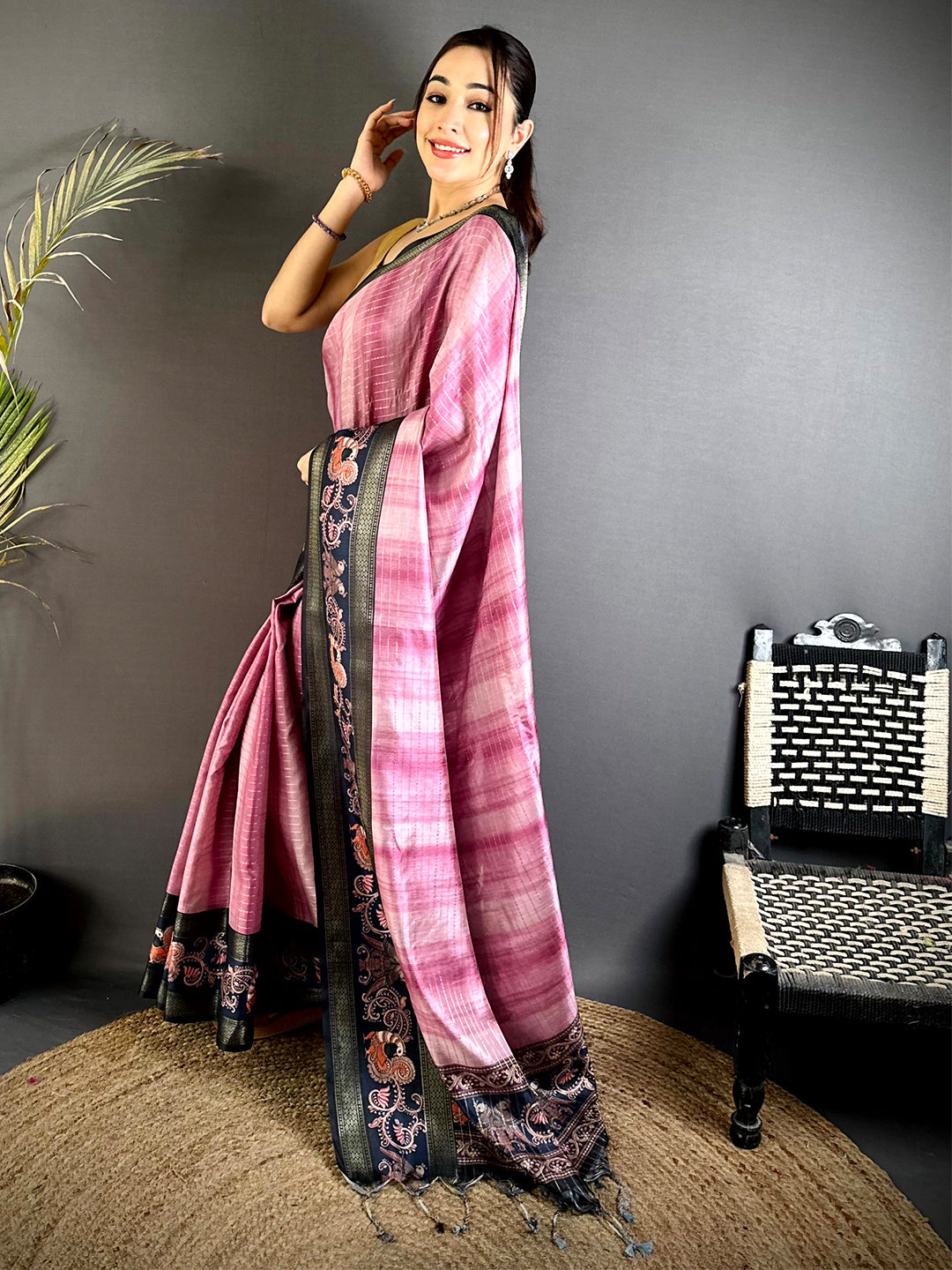 Pink Shibori Print Semi Silk Saree