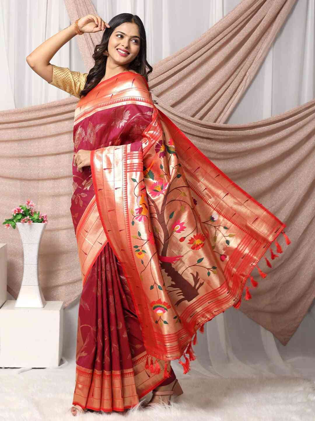 Woven Zari Paithani Silk Saree In Maroon Colour