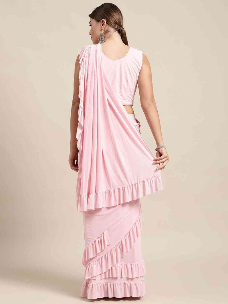 Stylish Viscose Rayon Pink Colour Solid Saree With Ruffle Border
