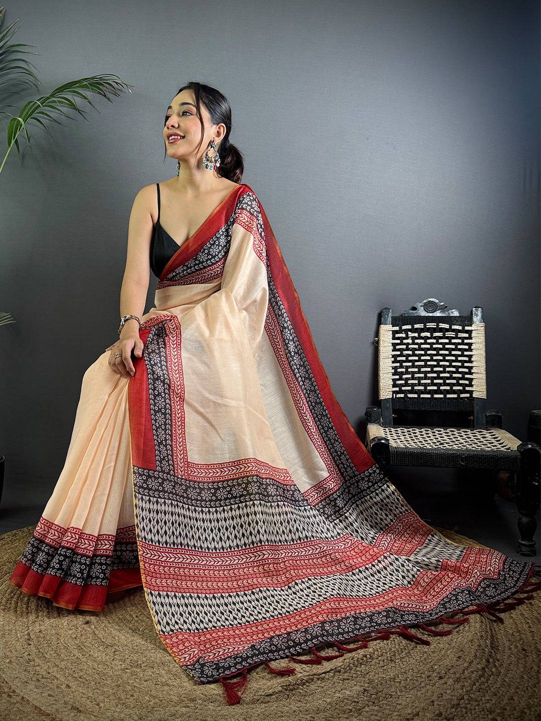 Cream Tissue Chanderi Ajrak Printed Saree