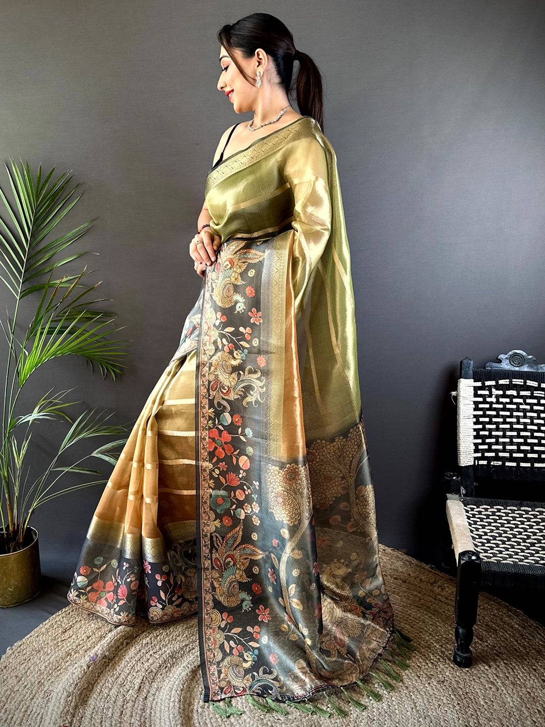Green Tissue Kalamkari Print Saree