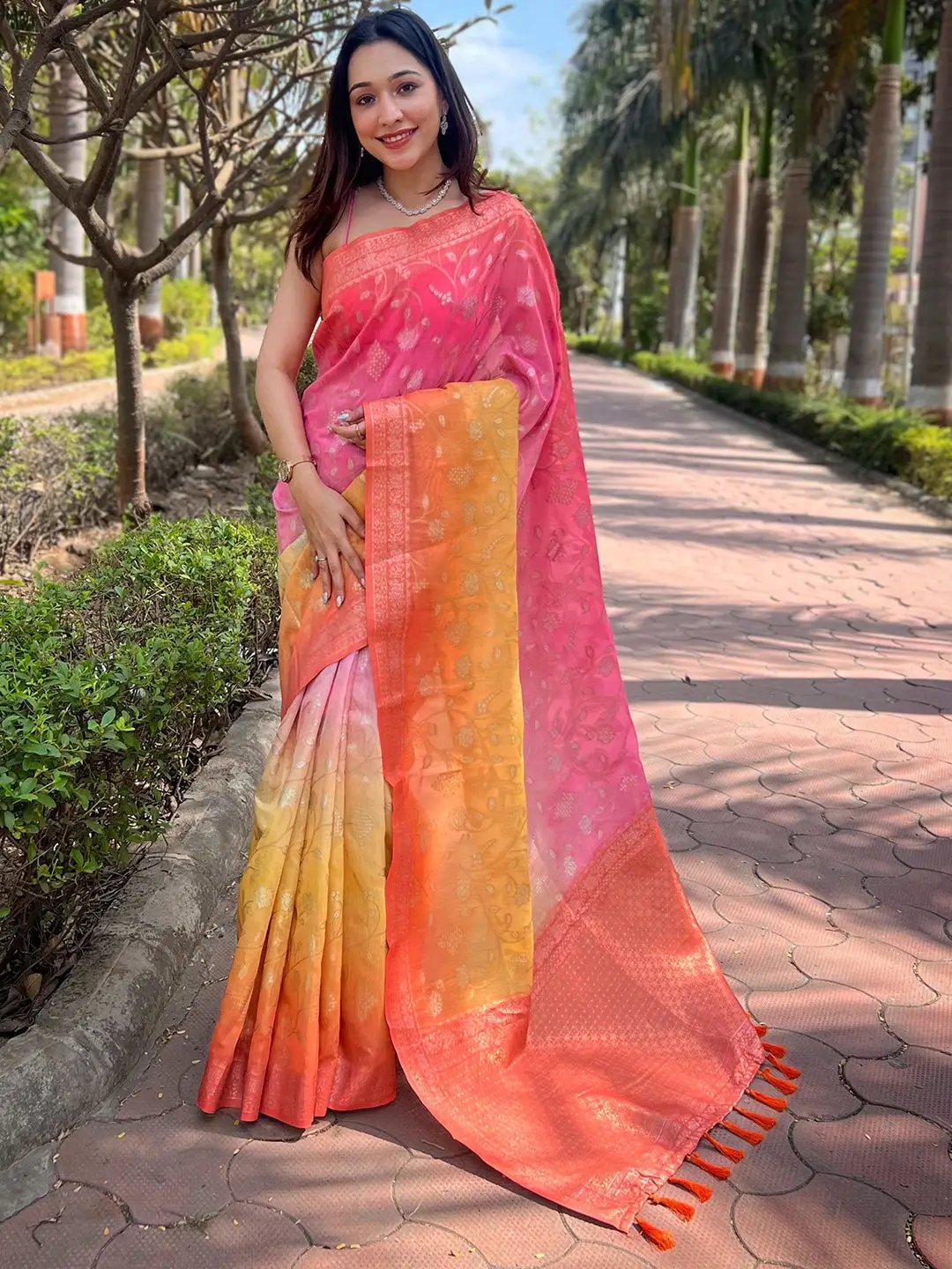 Traditional slub silk saree with pink and orange hues