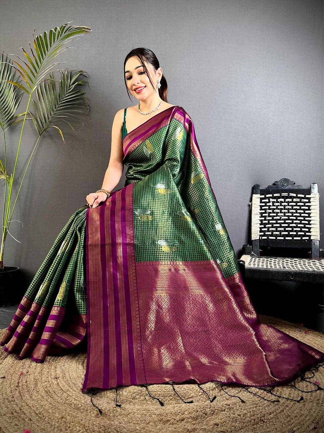 Green Golden Chex Katan Silk Saree