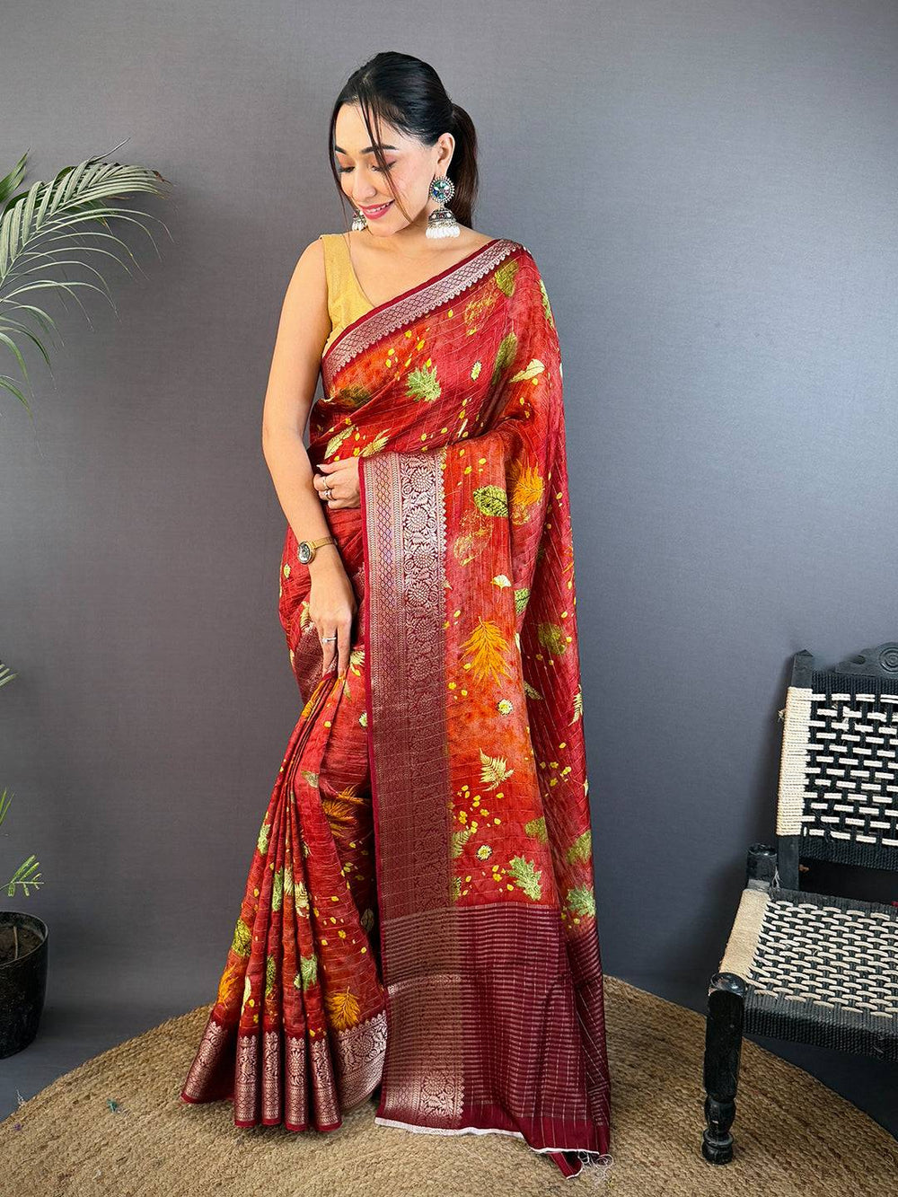 Rust Red Pure Viscose Checked Saree