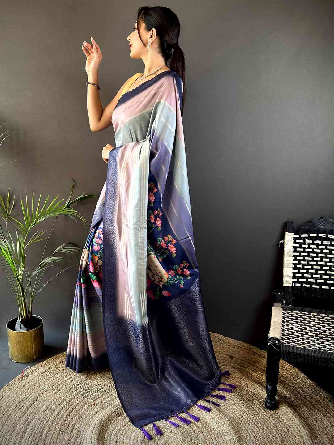 Lavender Kalamkari Ombre Crepe Silk Saree