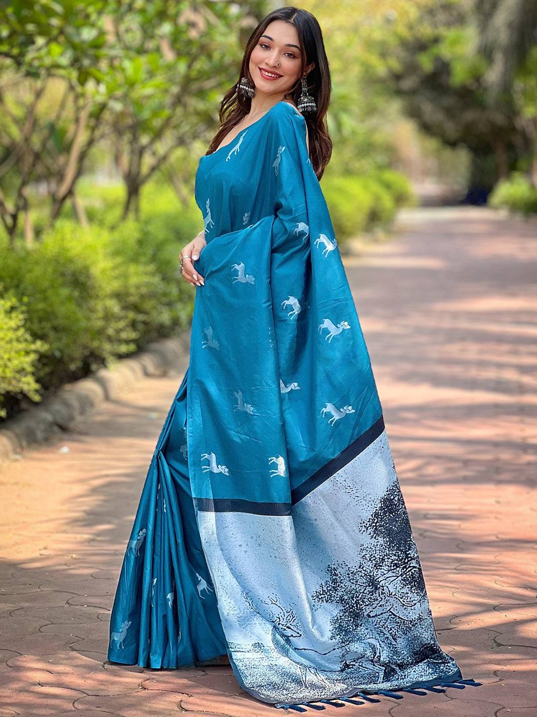 Side view of Rama soft silk saree with elegant drape