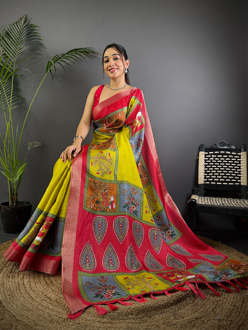 Olive Tussar Kalalmkari Print Saree