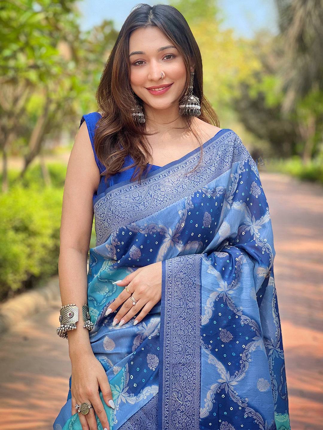 Blue Digital Block Print Saree featuring opulent zari work