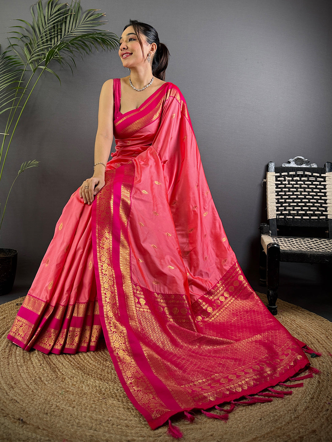 Rose Pink Satin Bentex Soft Silk Saree