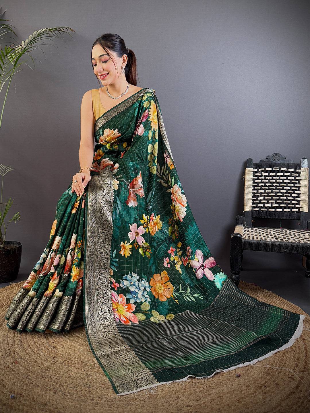 Deep Bottle Green Floral Digital Print Saree