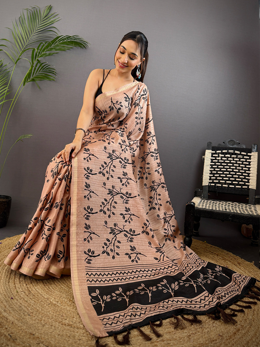 Peach Ghicha Leaf Print Saree