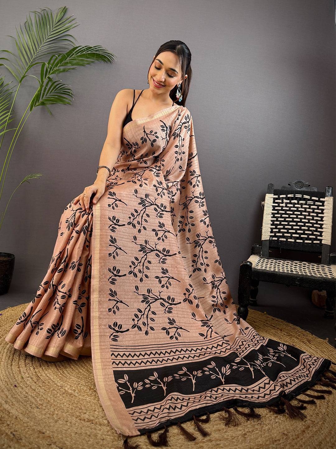 Peach Ghicha Leaf Print Saree