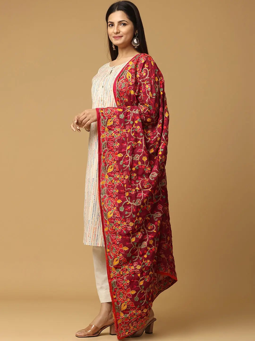 Side view of wine poly chiffon pashmina dupatta with thread motifs