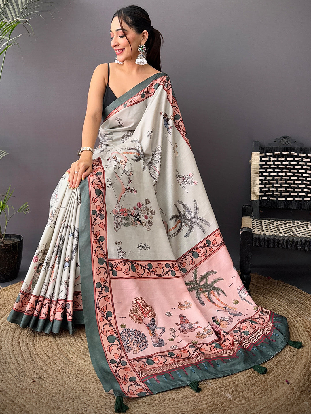 Elegant Tussar Kalamkari Print Saree
