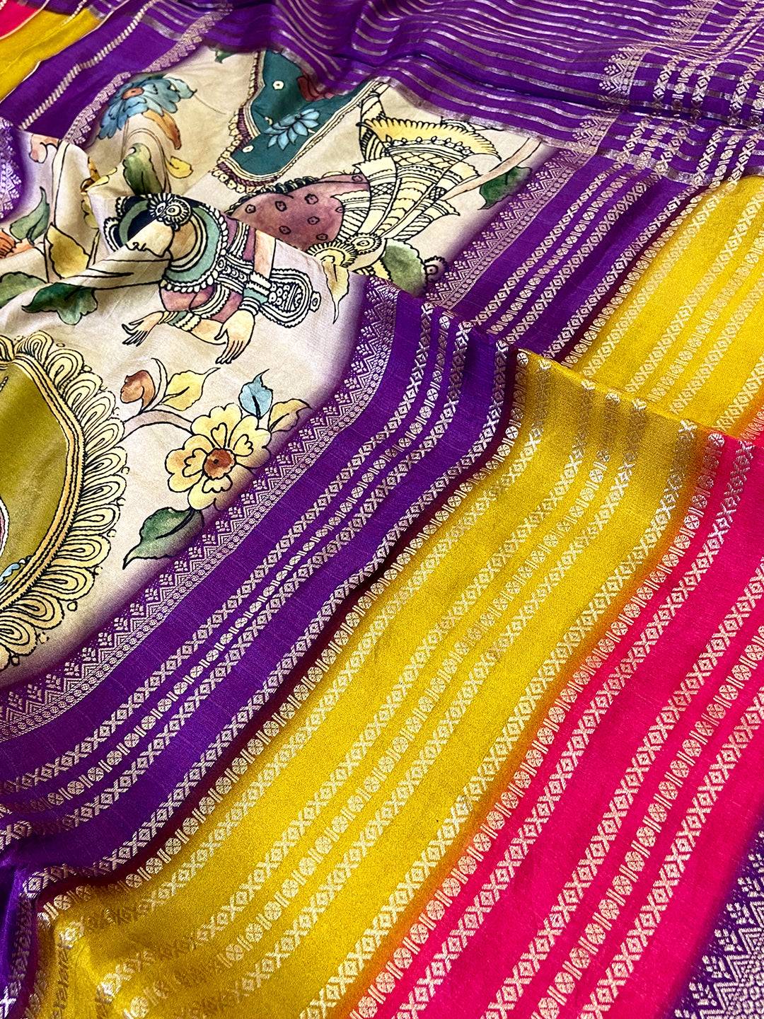 Radiance Soft Silk Kalamkari Zari Stripe Saree