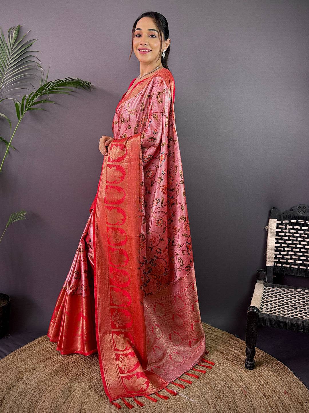 Royal Soft Cherry Satin Kalamkari Print Saree