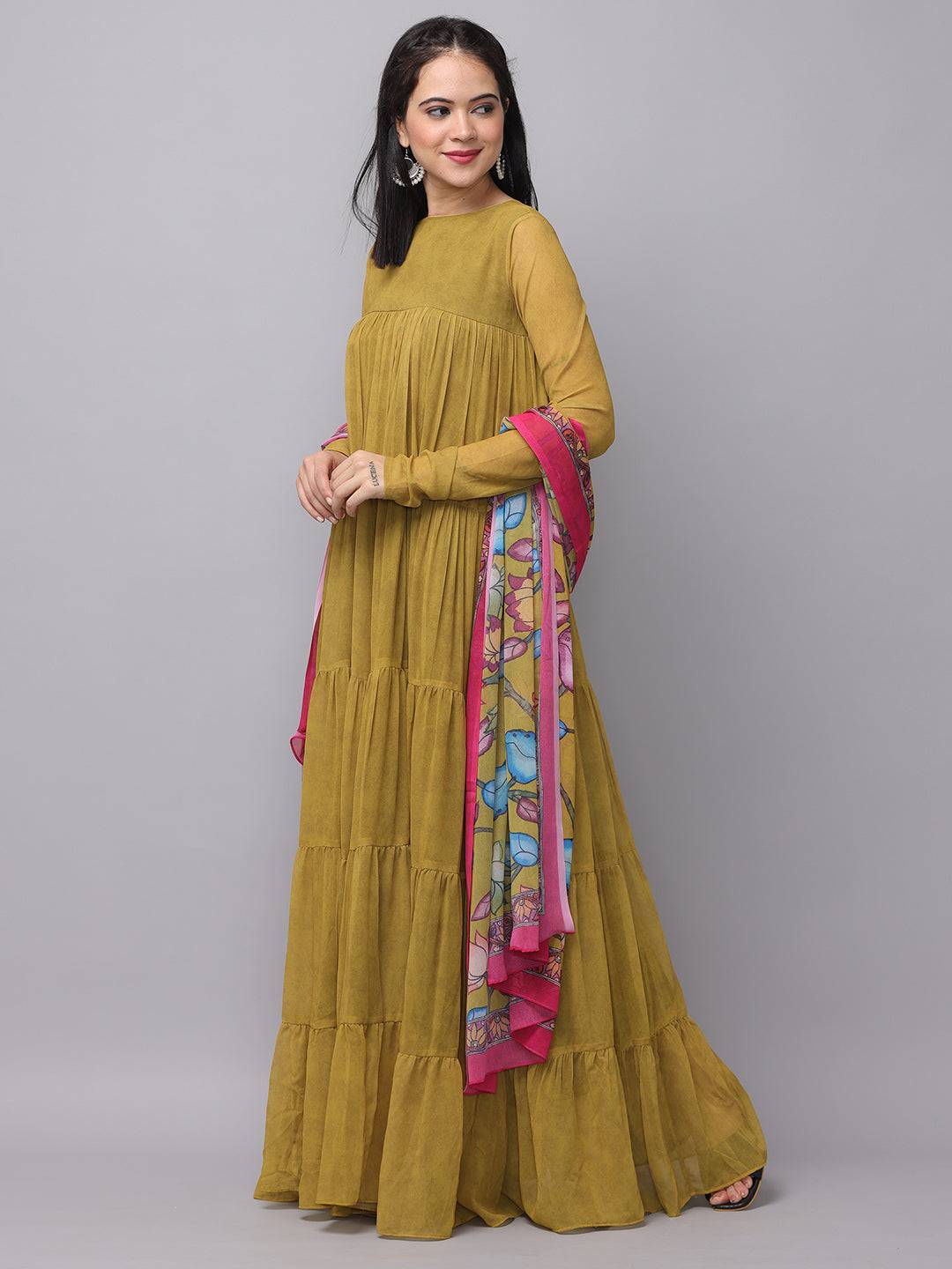 Mustard olive dress with colorful scarf side view