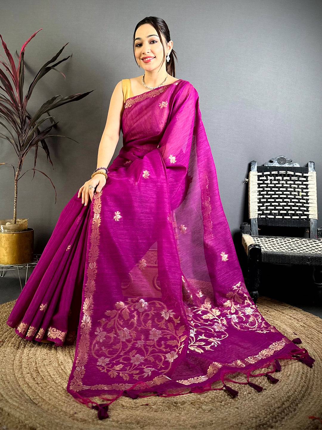 Wine Sona Chandi Muga Cotton Saree