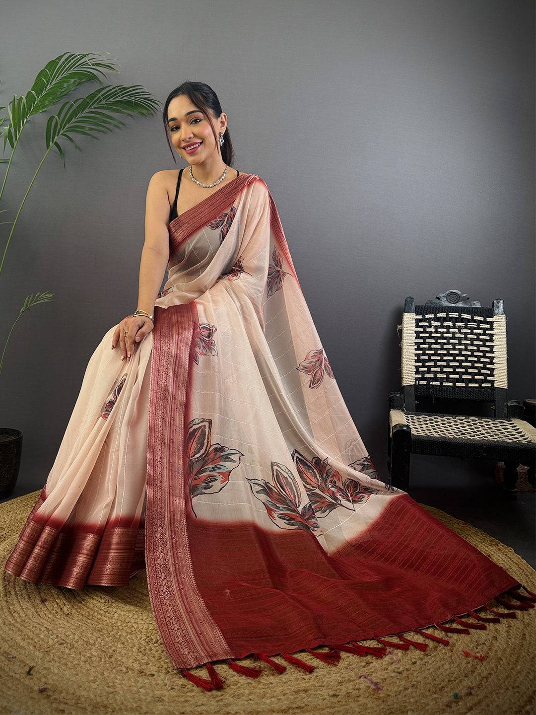 Beige Soft Organza Digital Print Saree