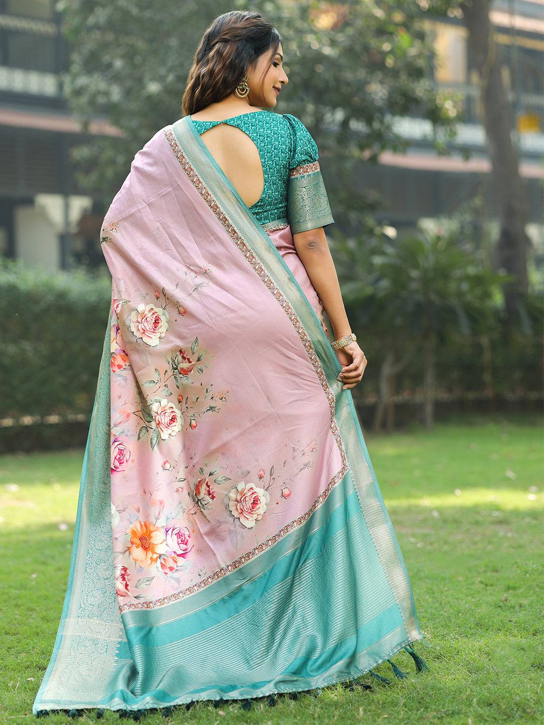 Light Pink Colour Phulkari Design Zari Weaving Pallu Saree