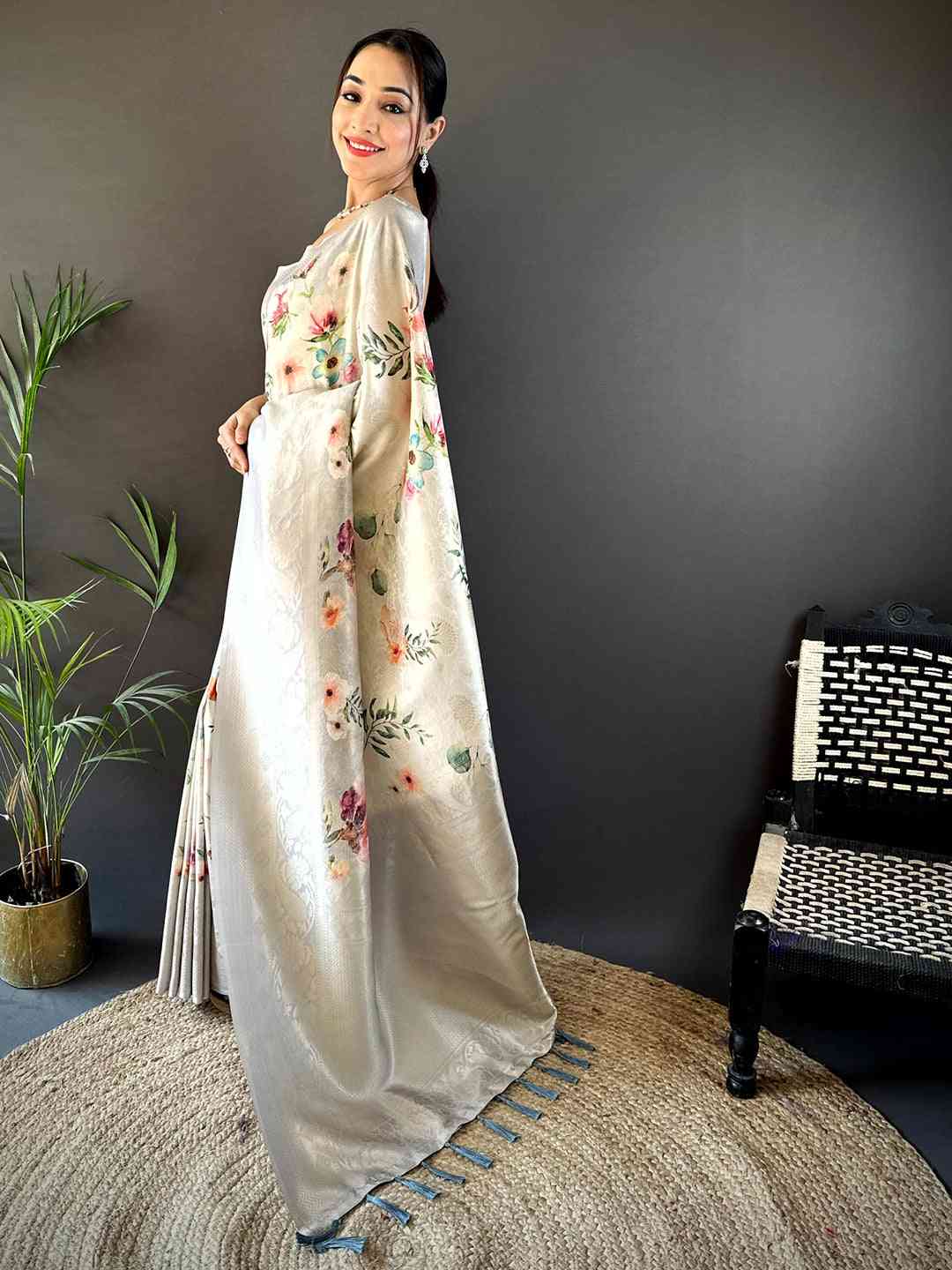 Light Beige Kanjivaram Digital Silk Saree