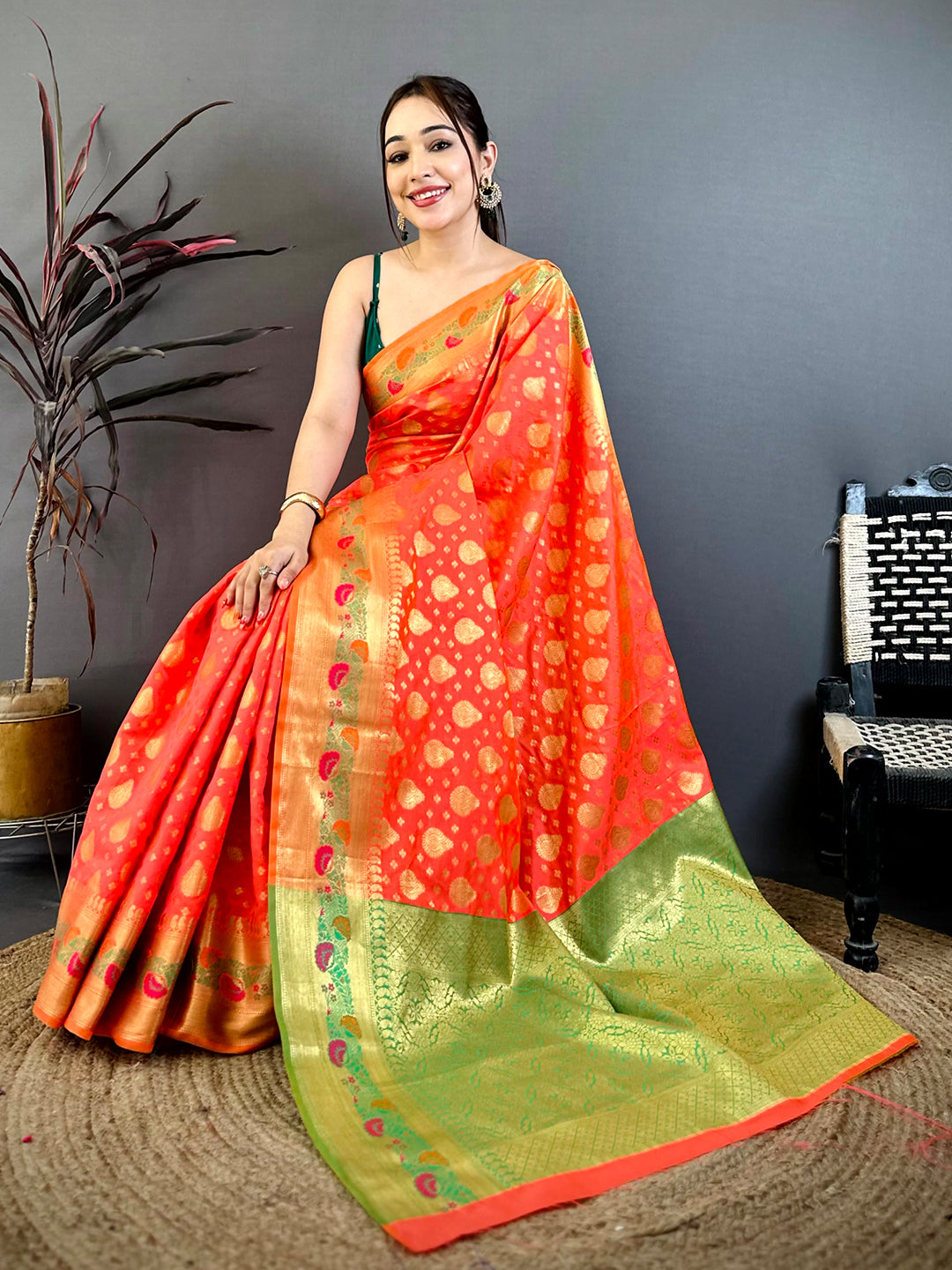 Royal Orange Banarasi Minakari Zari Saree