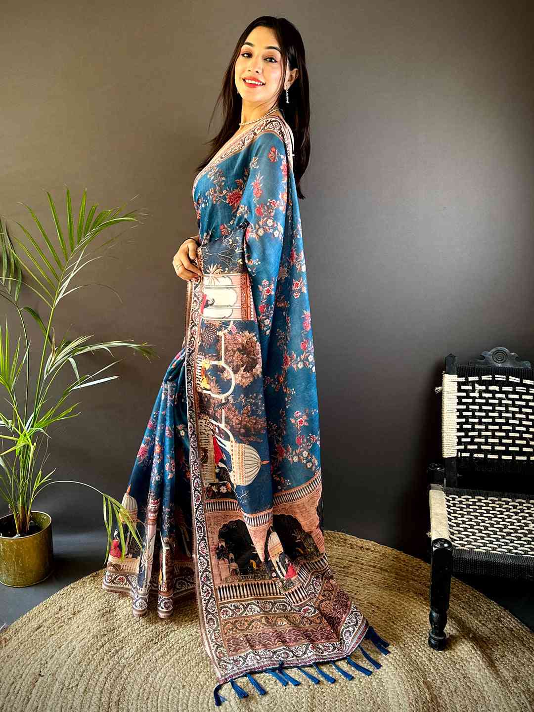 Deep Blue Tissue Chanderi Kalamkari Handprint Saree