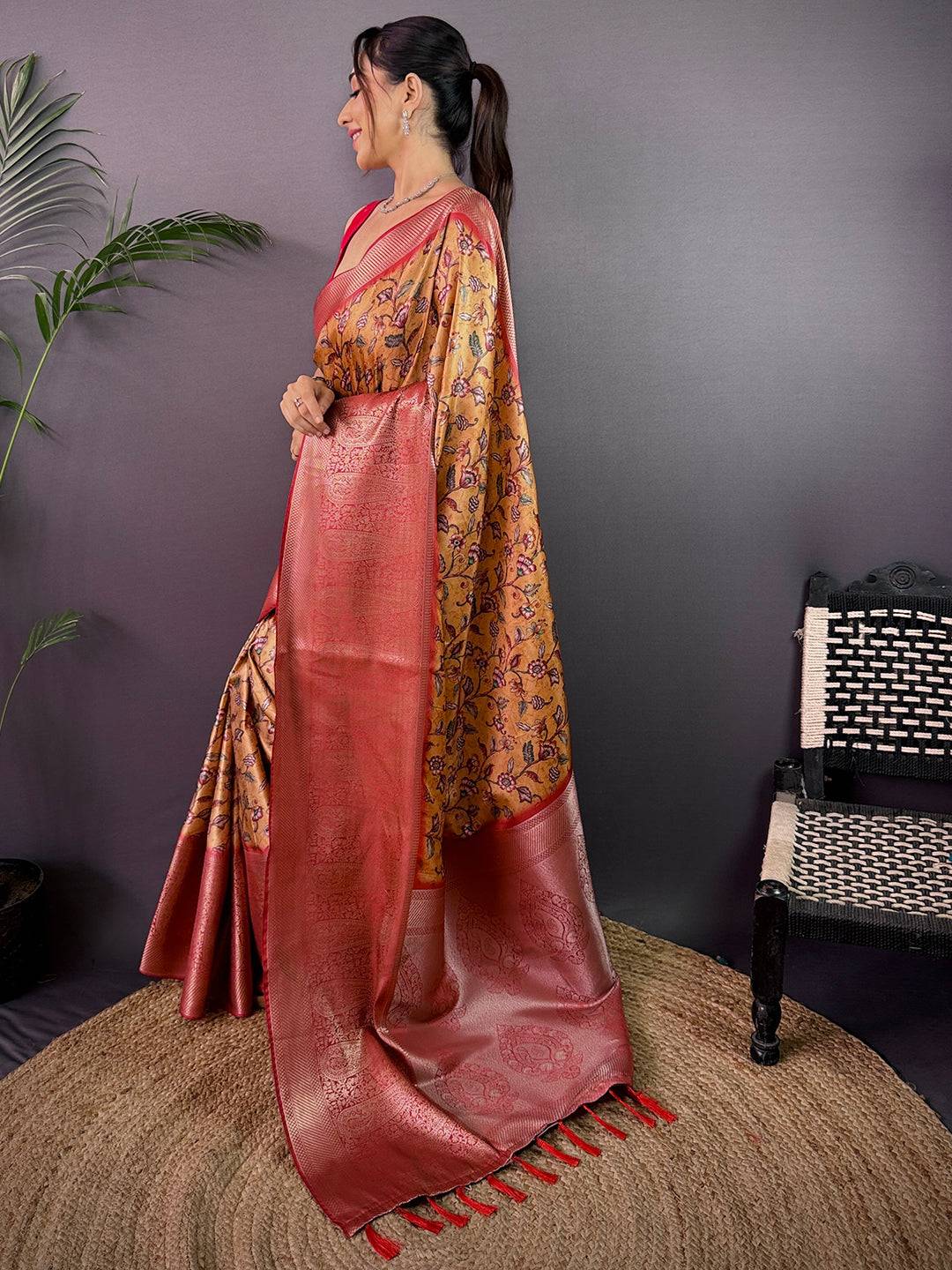 Mustard Yellow Cherry Satin Kalamkari Saree