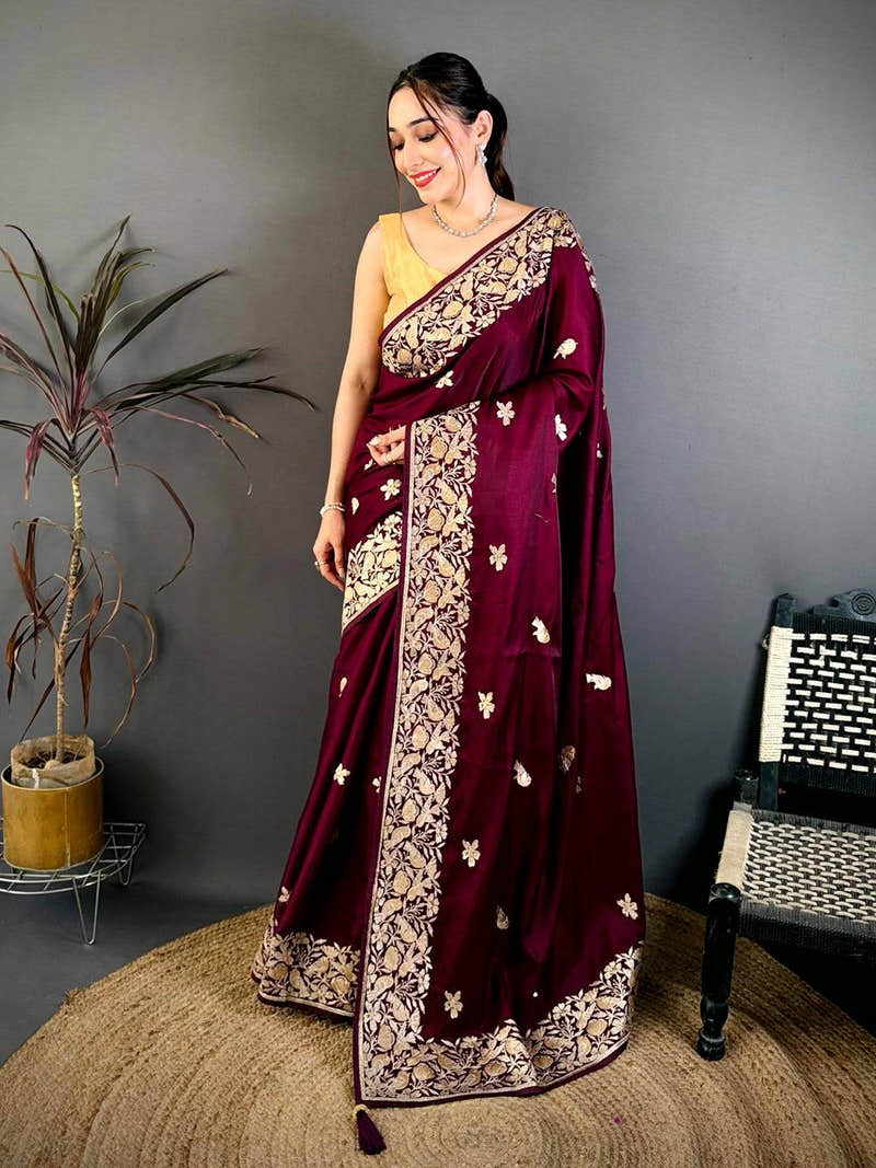 Wine Aari Bird Work Soft Satin Saree