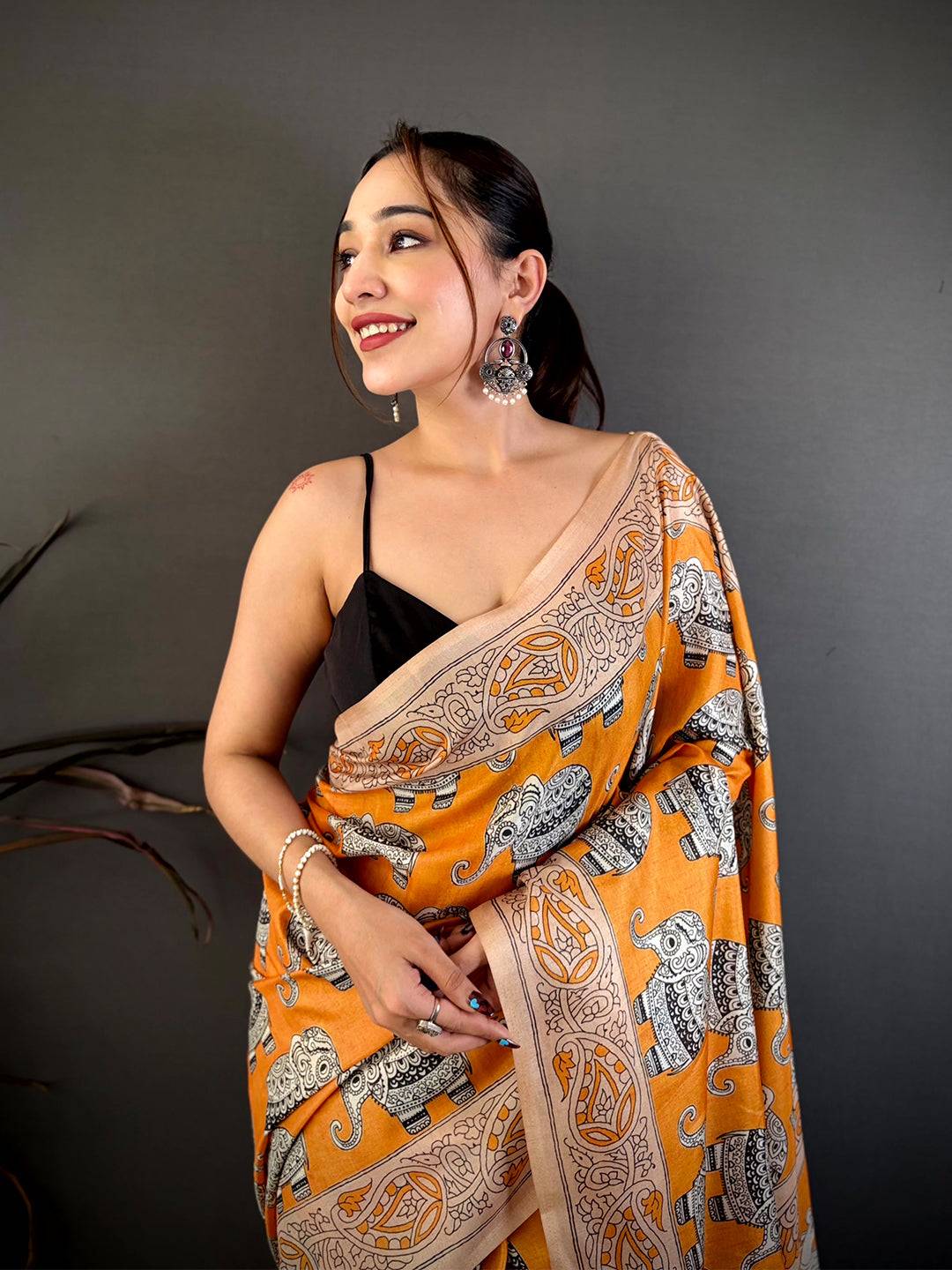 Artistic Ajrakh Style Tussar Kalamkari Saree