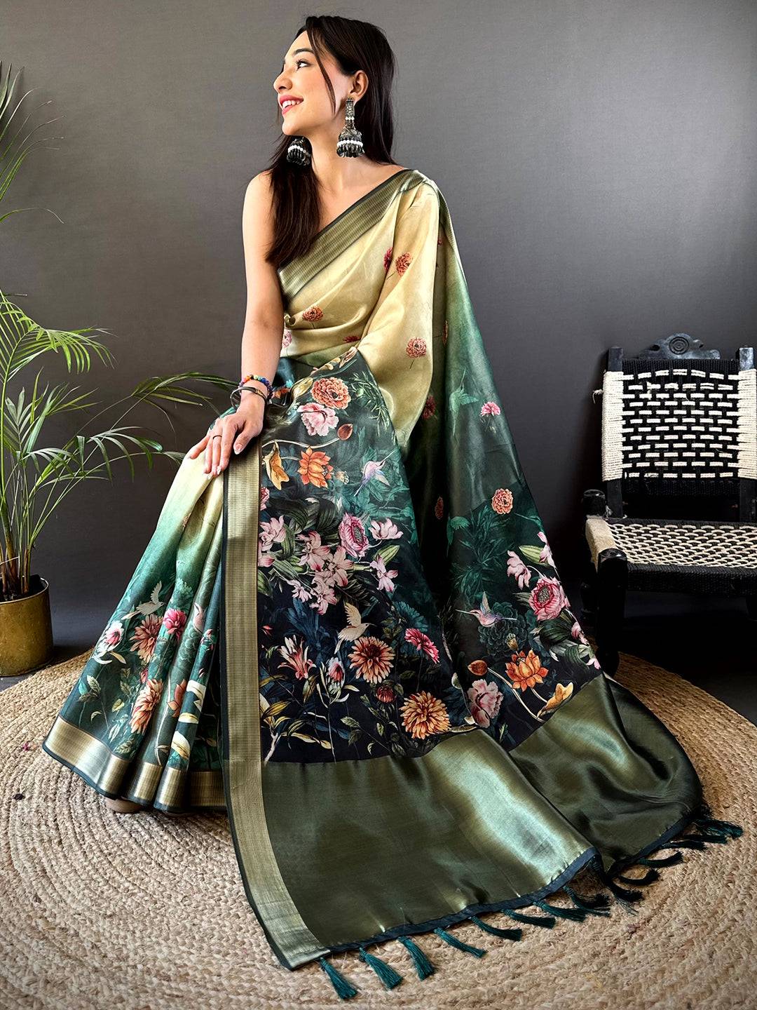 Beige Floral Grace Soft Silk Tissue Saree