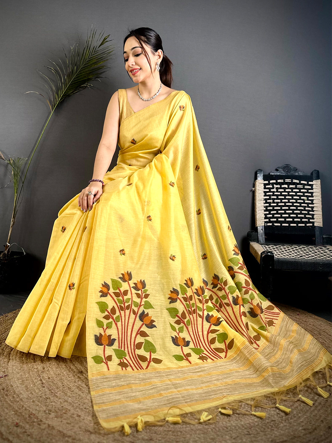 Yellow Ghicha Minakari Weave Saree