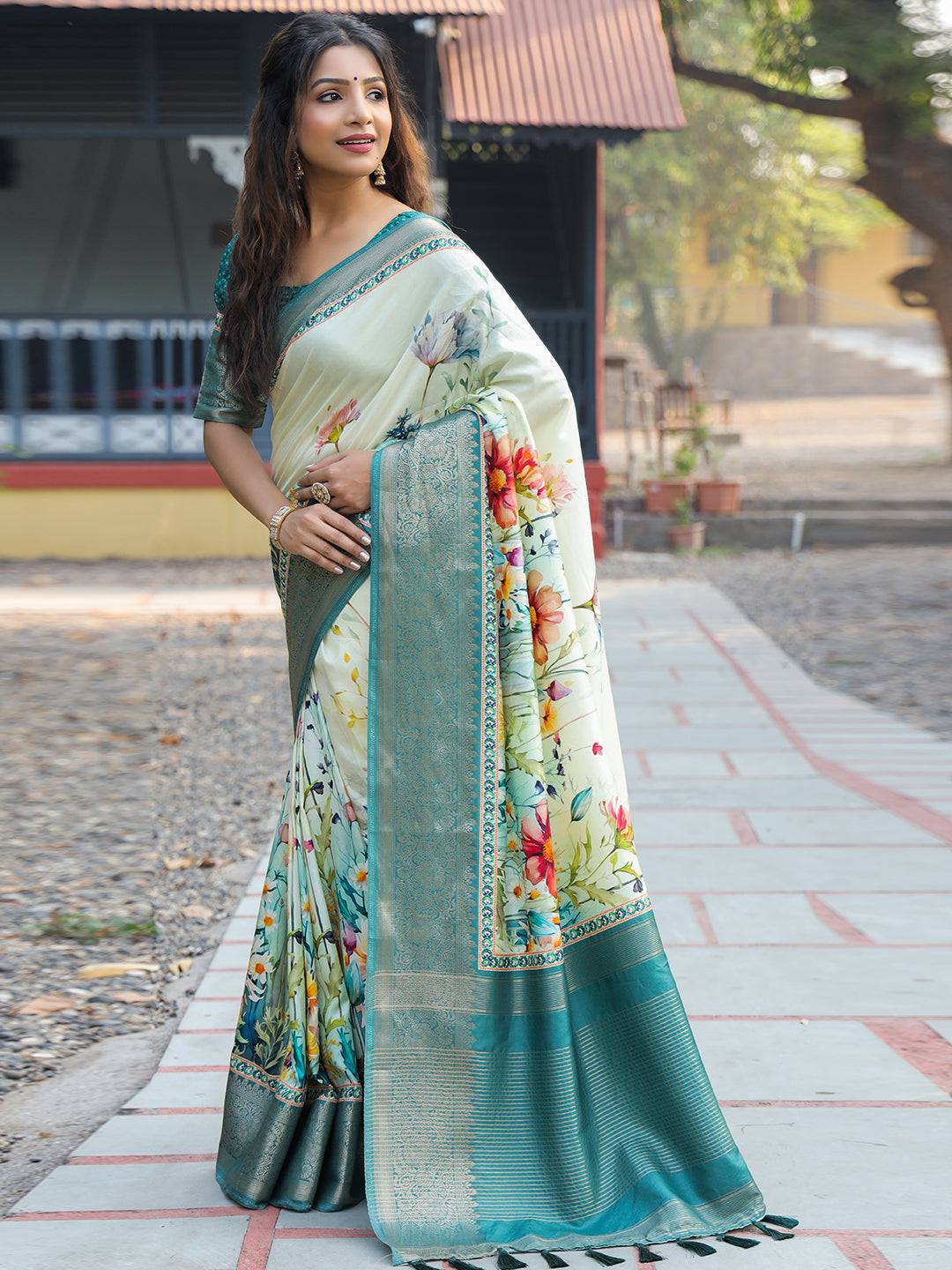 Light Green Colour Phulkari Design Zari Weaving Pallu Saree