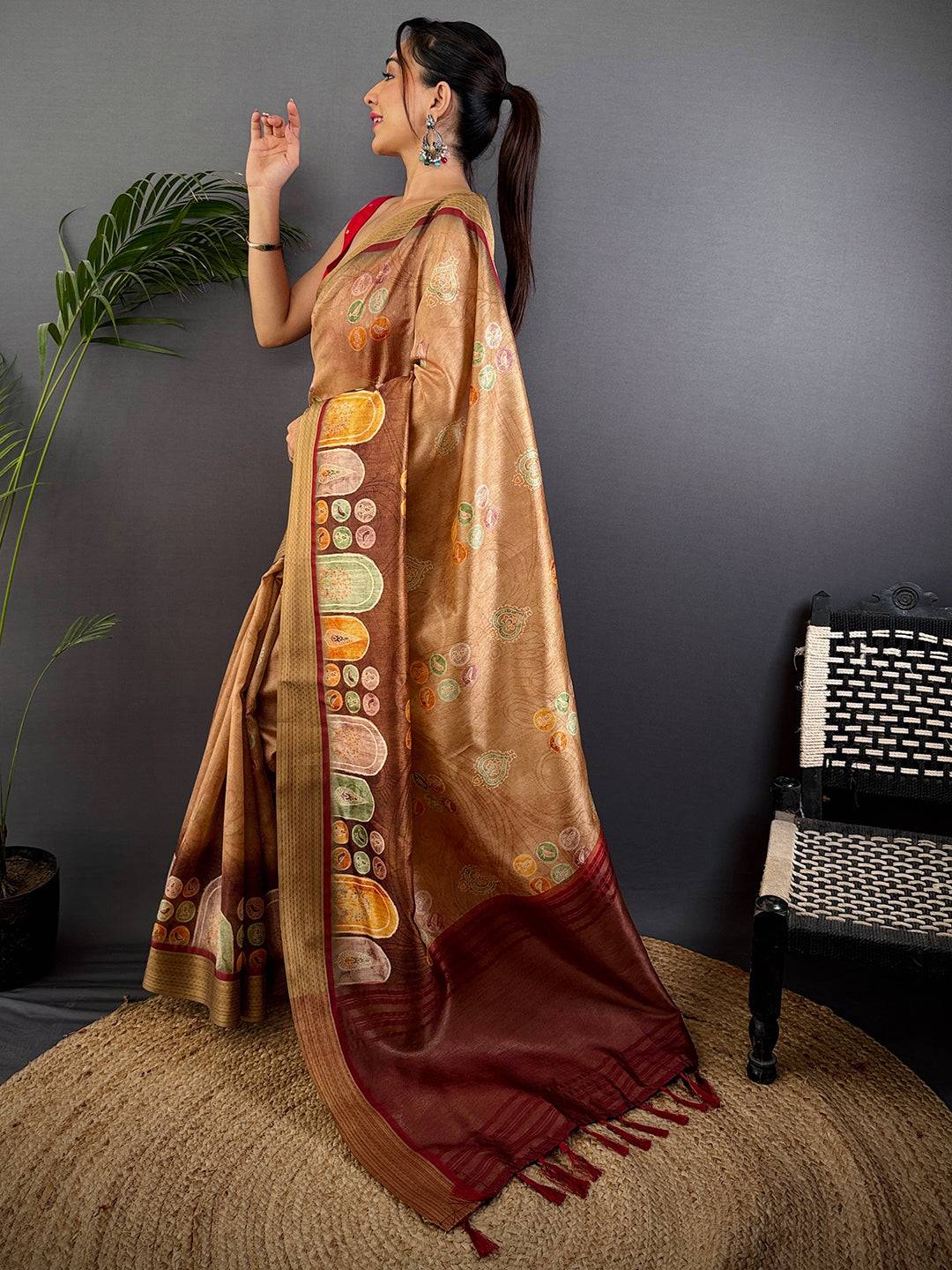 Light Brown Tussar Silk Kalamkari Print Saree