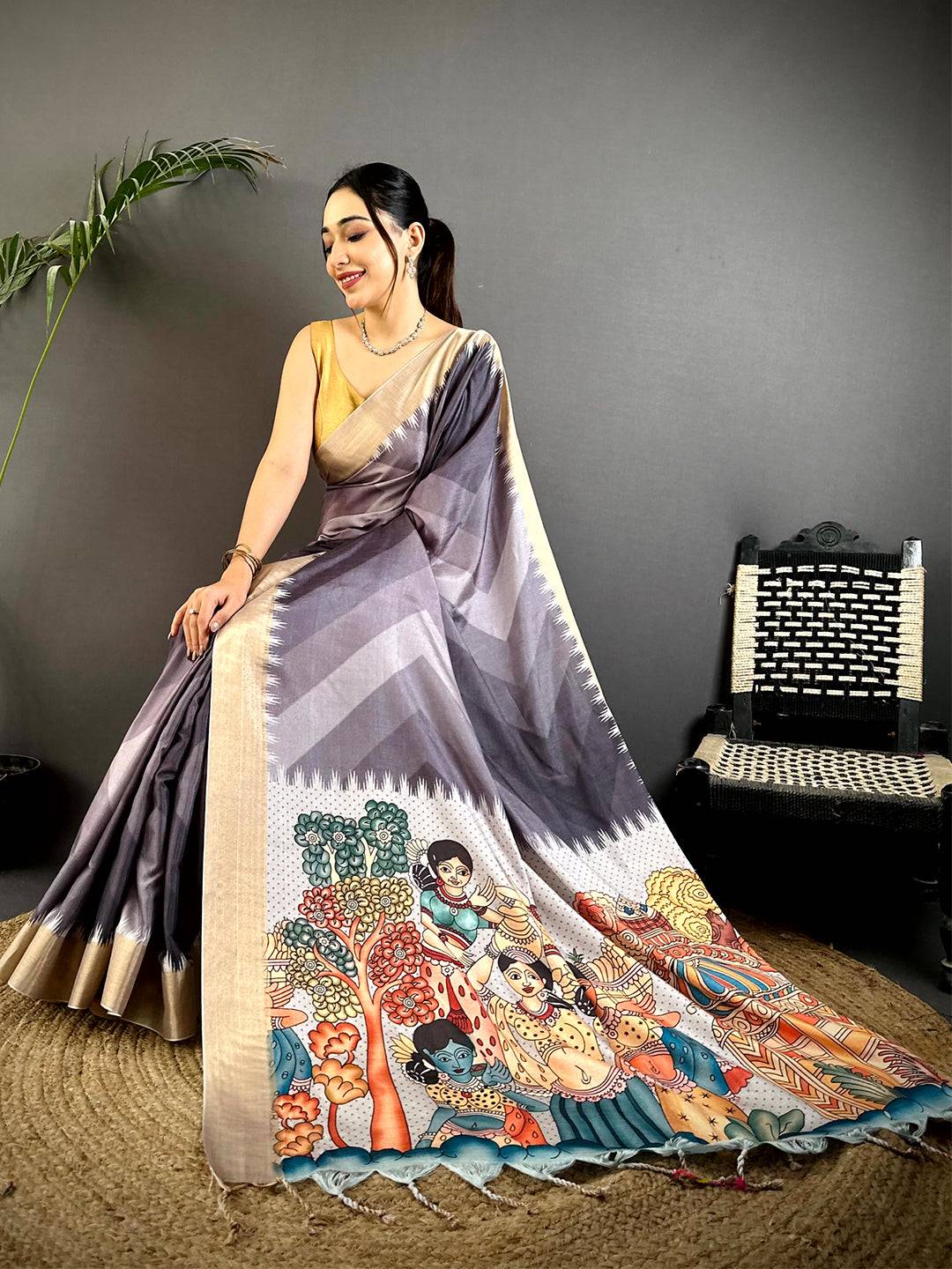 Traditional Linen Kalamkari Pallu Saree