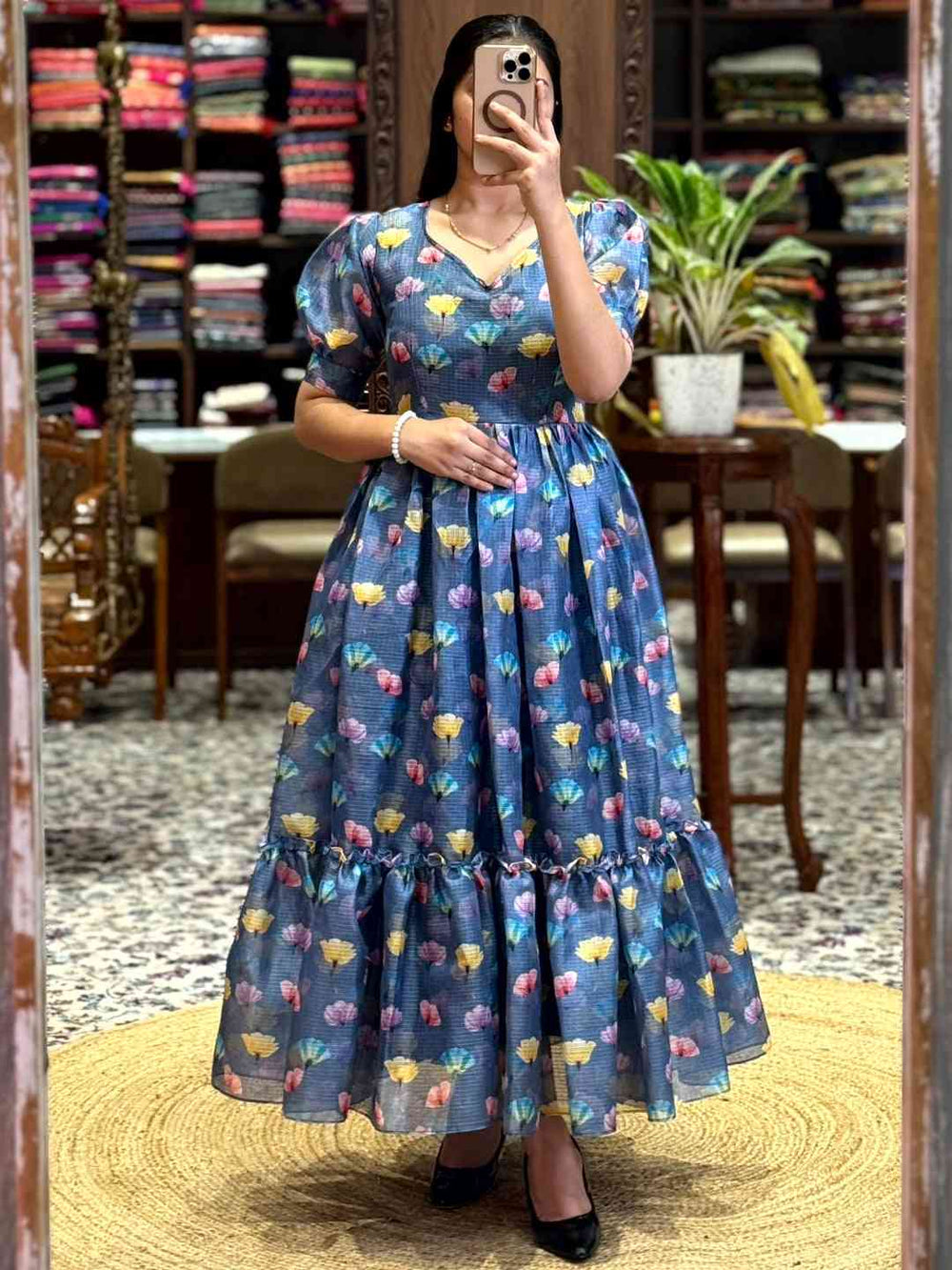 Denim Blue Floral Print Midi Dress