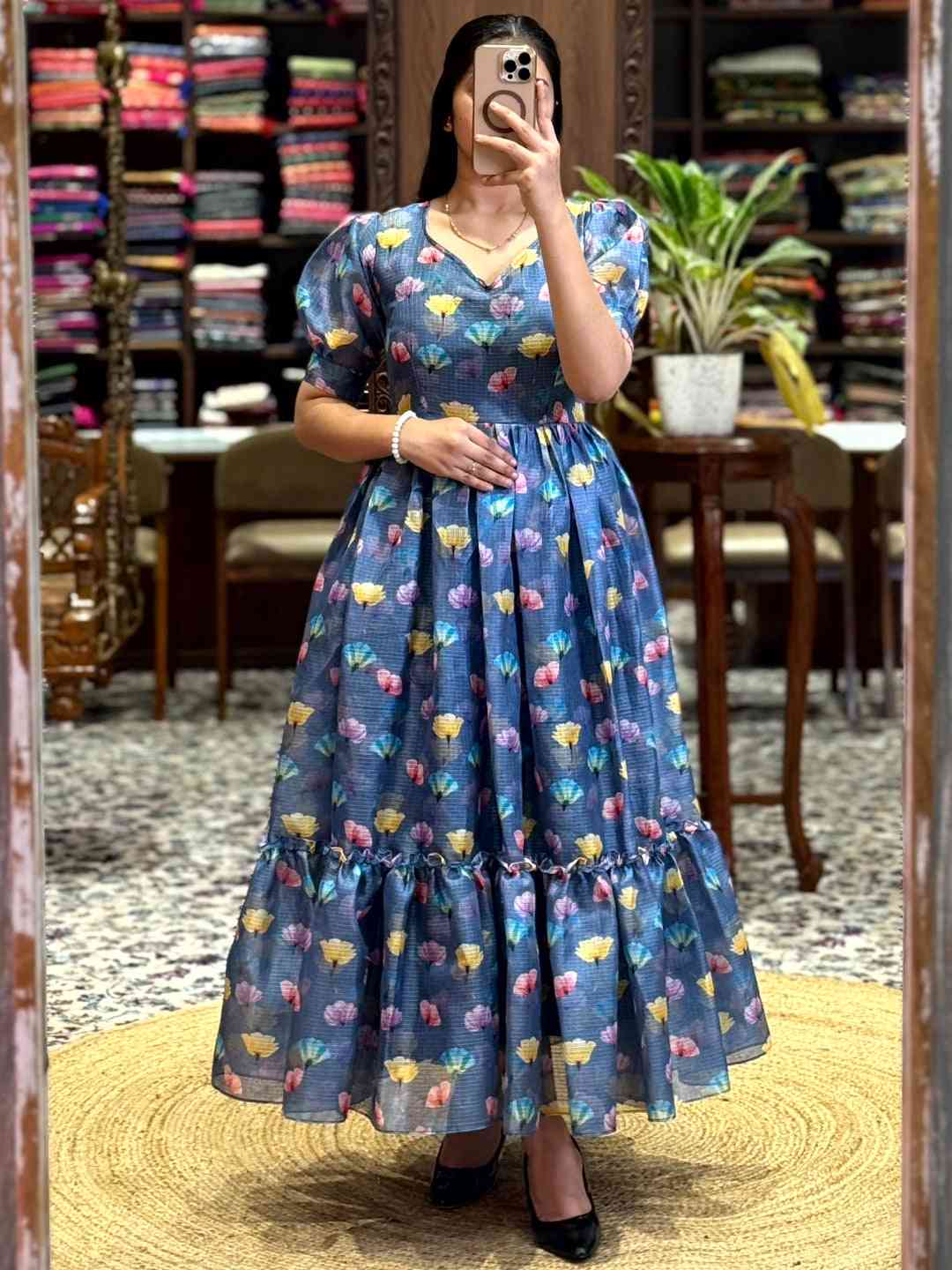 Denim Blue Floral Print Midi Dress