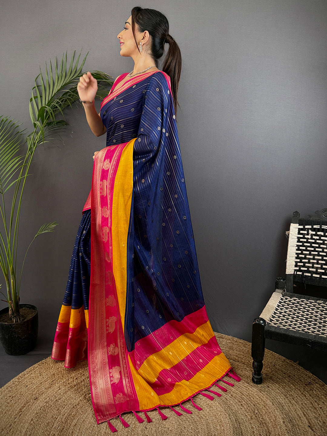 Royal Blue Soft Dola Silk Striped Print Saree