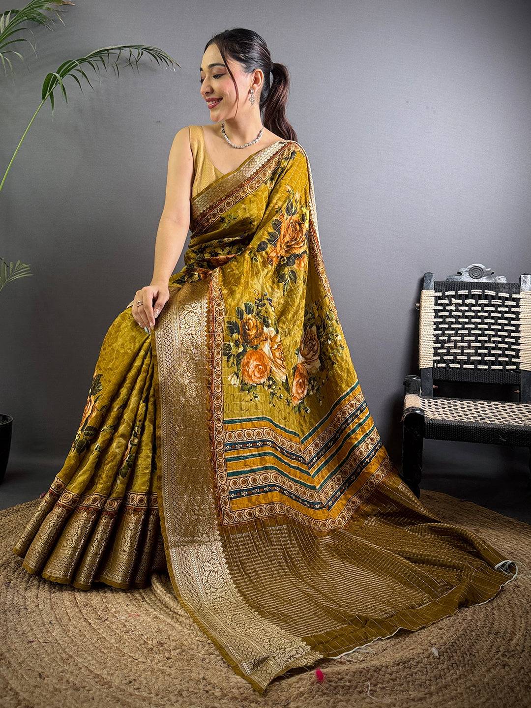Mustard Pure Viscose Floral Printed Saree