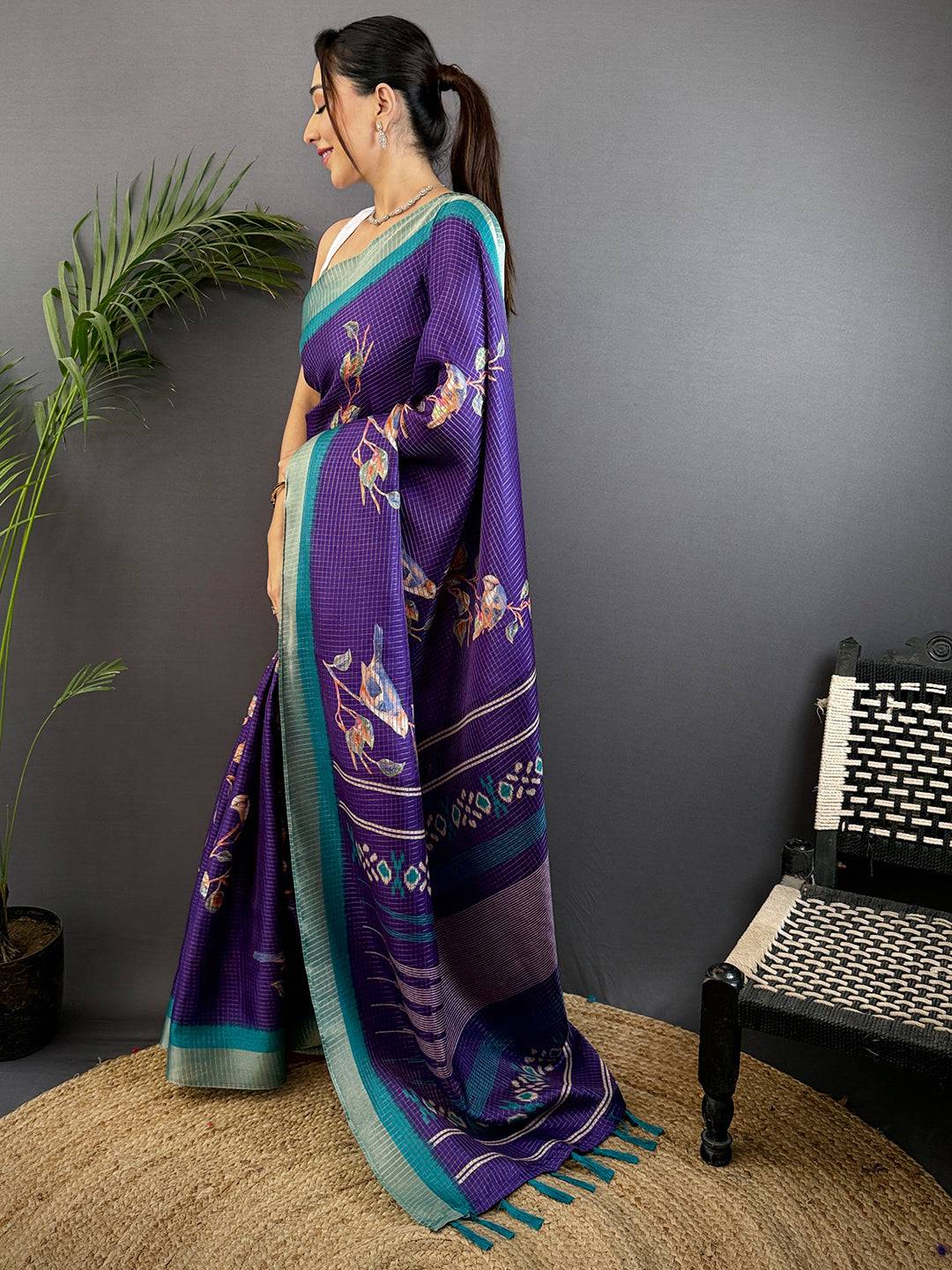 Purple Chanderi Check Sparrow Print Saree